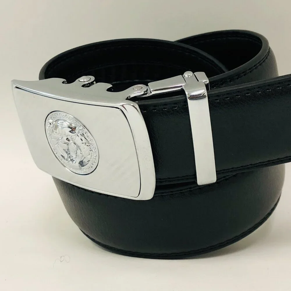 Black Leather Belt Automatic Silver‎ Lion Head Buckle Slide Belts No Hole Dress